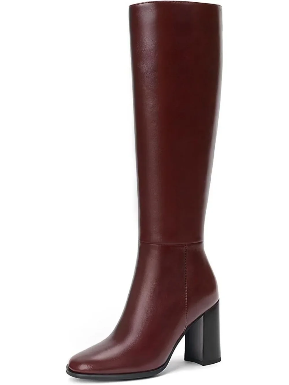 Women Burgundy Round Toe Side Zip Chunky Heel Fashion Tall Knee High Casual Boot